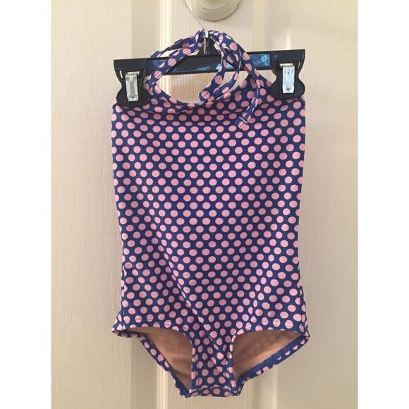 Toobydoo Halter Swimsuit One Piece Blue Pink Polka Dots Girls Size 1-2 Years - Picture 1 of 4